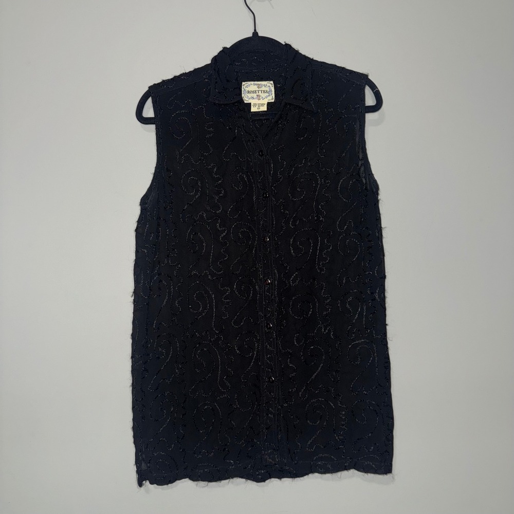 Rosettes Womens Medium Black Rayon Sleeveless Embroidered Button Up Blouse Top‎